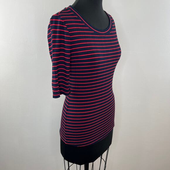 NWT Anthropologie Pure + Good Red & Navy Blue Striped Ribbed Shirt Half Sleeve S - Picture 2 of 7